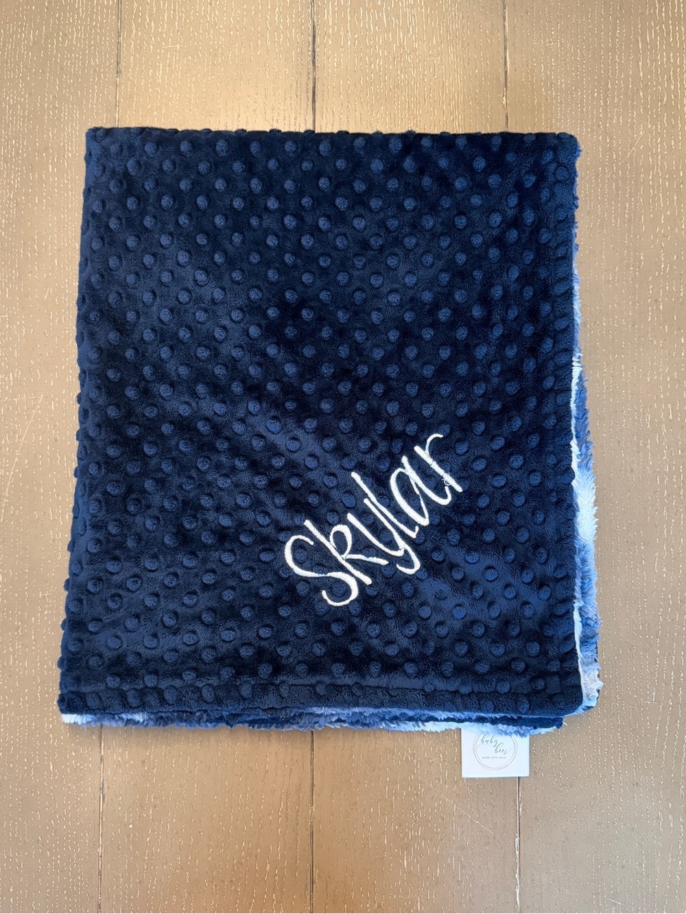 Baby Boos Newborn Navy Minky Cuddle Stroller Blanket Personalized “Skylar” Name